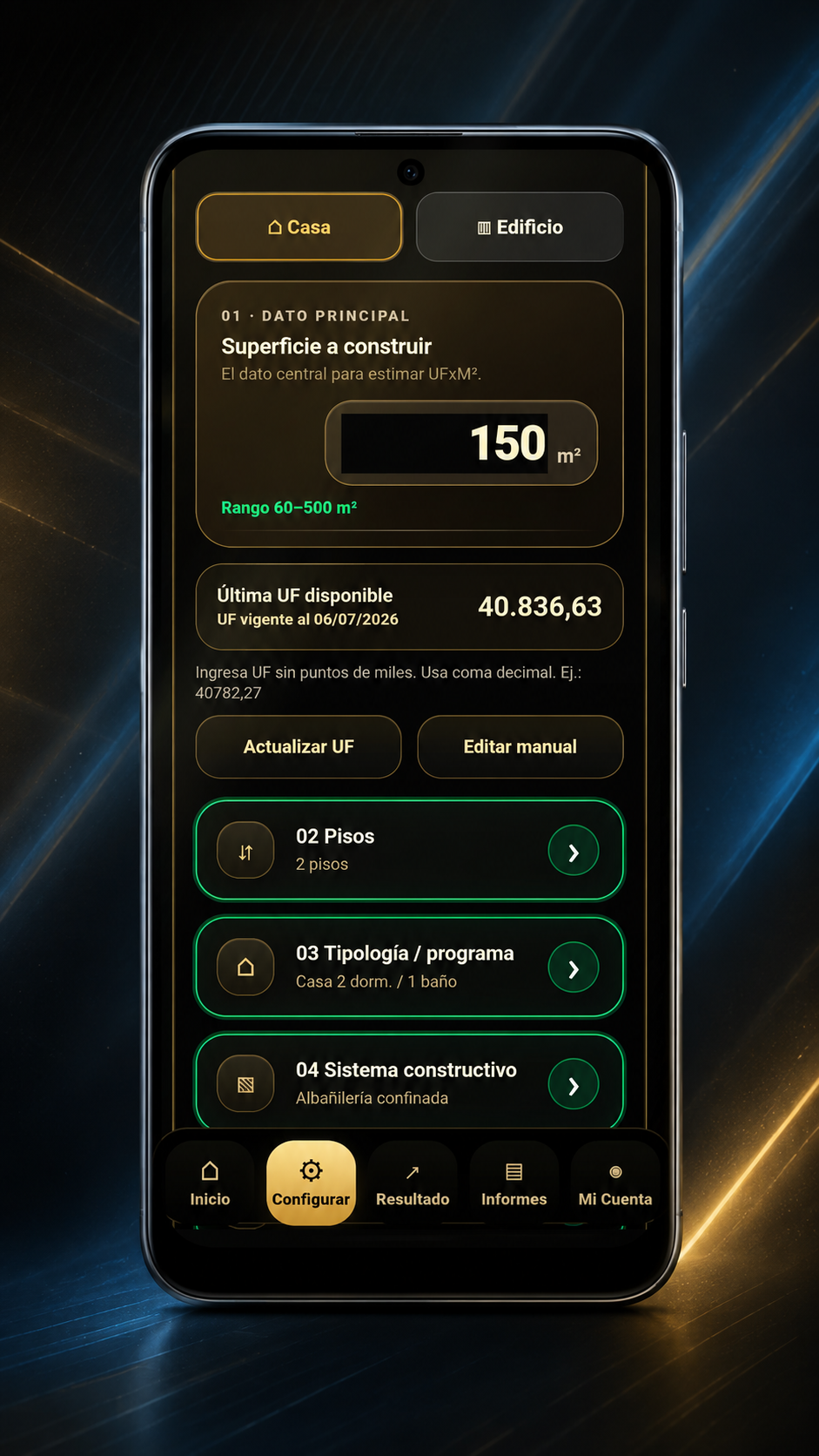 Pantalla de configuración UFxM2 en smartphone