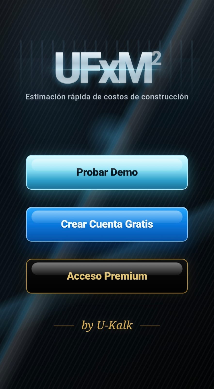 Pantalla real de inicio UFxM2 con botones Probar Demo, Crear Cuenta Gratis y Acceso Premium